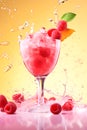 Juice raspberry cocktail in glass with berries and water splash on vibrant pink and yellow background Royalty Free Stock Photo