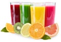 Juice smoothie smoothies in glass fruits oranges isolated on white Royalty Free Stock Photo