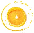 Juice splash with orange inside and drops isolated over white, pouring liquid, abstract 3d rendering Royalty Free Stock Photo