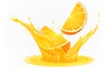 Juice splash with orange slice realistic vector. 3d citrus fruit liquid, summer tropical vacation drink symbol. Fresh vitamin Royalty Free Stock Photo