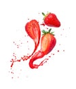 Juice splashes out from cutted strawberries on a white background Royalty Free Stock Photo
