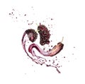 Juice splashes out from torn mulberries on a white background