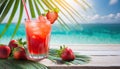 juice strawberry in glass with beach background