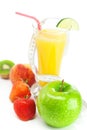 Juice,strawberry,peach, kiwi and measure tape Royalty Free Stock Photo