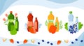 Juice vitamin drink vector illustrations, cartoon flat organic fruits and berries drinks collection of pear strawberry