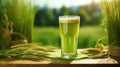 juice from wheatgrass, in a glass glass. healthy nutrition. Generative AI Royalty Free Stock Photo