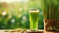 juice from wheatgrass, in a glass glass. healthy nutrition. Generative AI Royalty Free Stock Photo