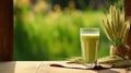 juice from wheatgrass, in a glass glass. healthy nutrition. Generative AI Royalty Free Stock Photo