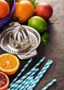 Juicer with different citrus fruits, oranges, limes and lemons. Royalty Free Stock Photo