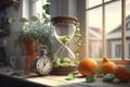 Juicer watch. Generative AI. Fantasy composition with hourglass and lime slices.