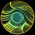 Juicy abstract doodle waves circle pattern, neon bright turquoise yellow color outline, isolated on black background. Stylish psyc