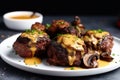 Juicy Air Fryer Cajun Butter Steak Bites with Mushrooms. pieces of beef tenderloin steak tender and tasty Royalty Free Stock Photo