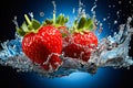Strawberries on a dark background, splashed with water