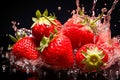 Strawberries on a dark background, splashed with water