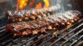 Juicy american bbq ribs sizzling on grill with smoke, cooking over natural charcoal fire Royalty Free Stock Photo