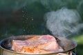 Juicy Angus steak frying in iron cast pan with smoke and Sprinkle salt on blurred nature background Royalty Free Stock Photo