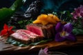 Juicy appetizing rare steak with pineapple, delicious meat dish