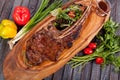 Juicy and appetizing steak tamogavok of horse meat on the table Royalty Free Stock Photo
