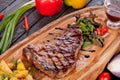 Juicy and appetizing steak tamogavok of horse meat on the table Royalty Free Stock Photo