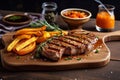 Juicy appetizing steaks on a wooden board. Restaurant serving. Generative AI