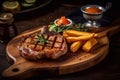 Juicy appetizing steaks on a wooden board. Restaurant serving. Generative AI