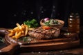 Juicy appetizing steaks on a wooden board. Restaurant serving. Generative AI