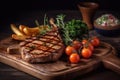 Juicy appetizing steaks on a wooden board. Restaurant serving. Generative AI