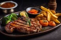 Juicy appetizing steaks on a wooden board. Restaurant serving. Generative AI