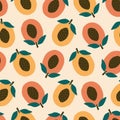 Juicy apricots with green leaf and bone hand drawn vector illustration. Tropical fruit seamless pattern for fabric. Royalty Free Stock Photo