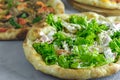 juicy baked Italian pizza with lettuce, chicken