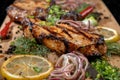 Juicy barbecue pork ribs beer, snacks lie on a wooden tray. Royalty Free Stock Photo