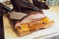 Juicy beef brisket on chopping block Royalty Free Stock Photo