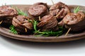 Juicy beef, fried and cooked in the shape of a rose, creatively served meat Royalty Free Stock Photo