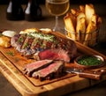 A juicy beef grilled steak on wooden plate