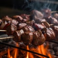 juicy beef kebabs grilling on a skewer ai, ai generative, illustration