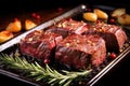 juicy beef roast with roasted garlic cloves and rosemary twigs on a metal tray