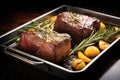 juicy beef roast with roasted garlic cloves and rosemary twigs on a metal tray