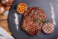 Juicy Beef rump steak from marble beef medium rare with spices a