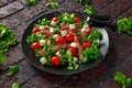 Juicy Beef Sirloin Steak Salad with roasted tomatoes, feta cheese and green vegetables in a black plate. healthy food Royalty Free Stock Photo