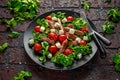 Juicy Beef Sirloin Steak Salad with roasted tomatoes, feta cheese and green vegetables in a black plate. healthy food Royalty Free Stock Photo