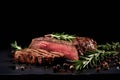 Juicy beef steak with rosemary and pepper on a dark background