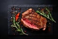 Juicy beef steak with rosemary and pepper on a dark background. Top view