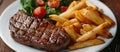 Juicy Beefsteak and Crispy French Fries on White Plate Royalty Free Stock Photo