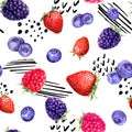 Juicy berries - raspberry, strawberry, black berry, blue berry. Seamless fun food pattern with random lines, dots -