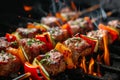 Juicy bloody steak on the grill.meat kebab shashlik on skewers and grilled, on fire background. Grilling meat. Juicy shashlik