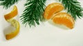 Juicy bright orange slices of tangerines lie along with a green branch of a fir tree on a white. Place for your text. 7592. Royalty Free Stock Photo