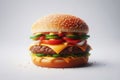 Juicy Burger on Black and White Background with Cheese, Lettuce, Tomato, Onion, and Sesame Bun