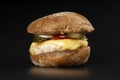 Juicy burger with brown bun closeup, cheeseburger with chicken cutlet, cheese and vegetables on dark background Royalty Free Stock Photo