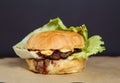 Juicy burger with chicken and lamb meat on a dark background Royalty Free Stock Photo
