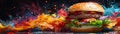 Juicy burger with colorful splashes, perfect for fast food ads